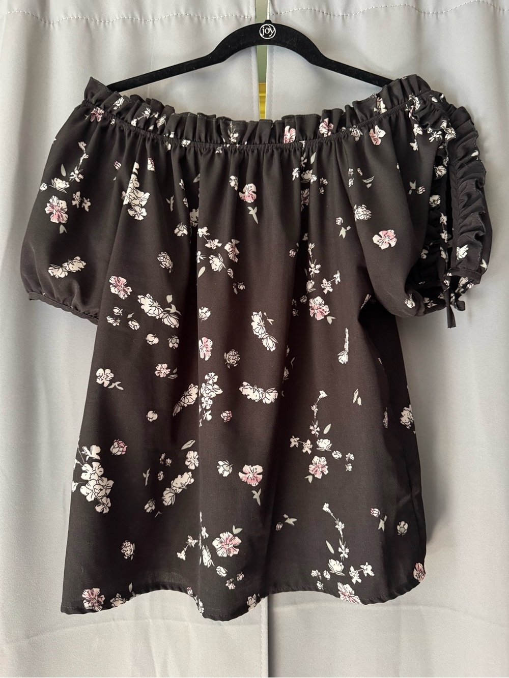 Off-the-Shoulder Floral Tunic Top - Black with Pink & White Flowers